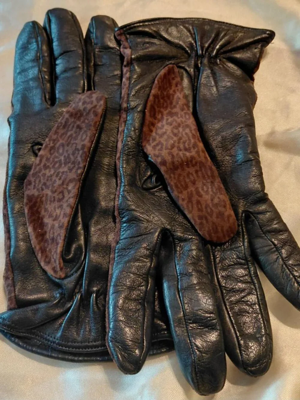 Vtg Neiman Marcus Suede Front Leopard Print Cashmere Lined Leather Gloves